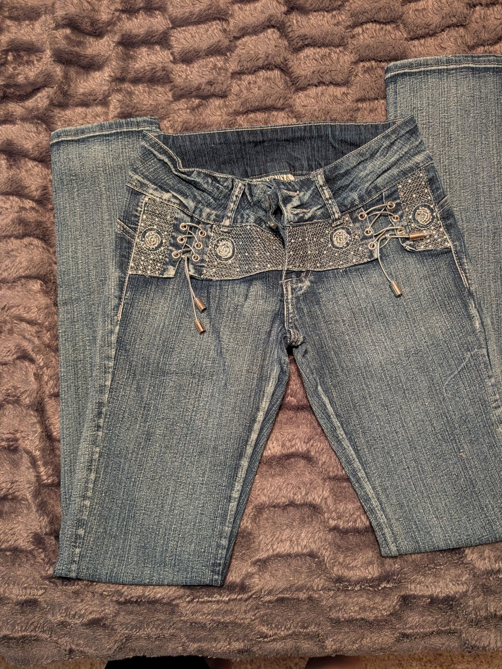Blue Embellished Bootcut Jeans with Decorative Lace-Up Waist
